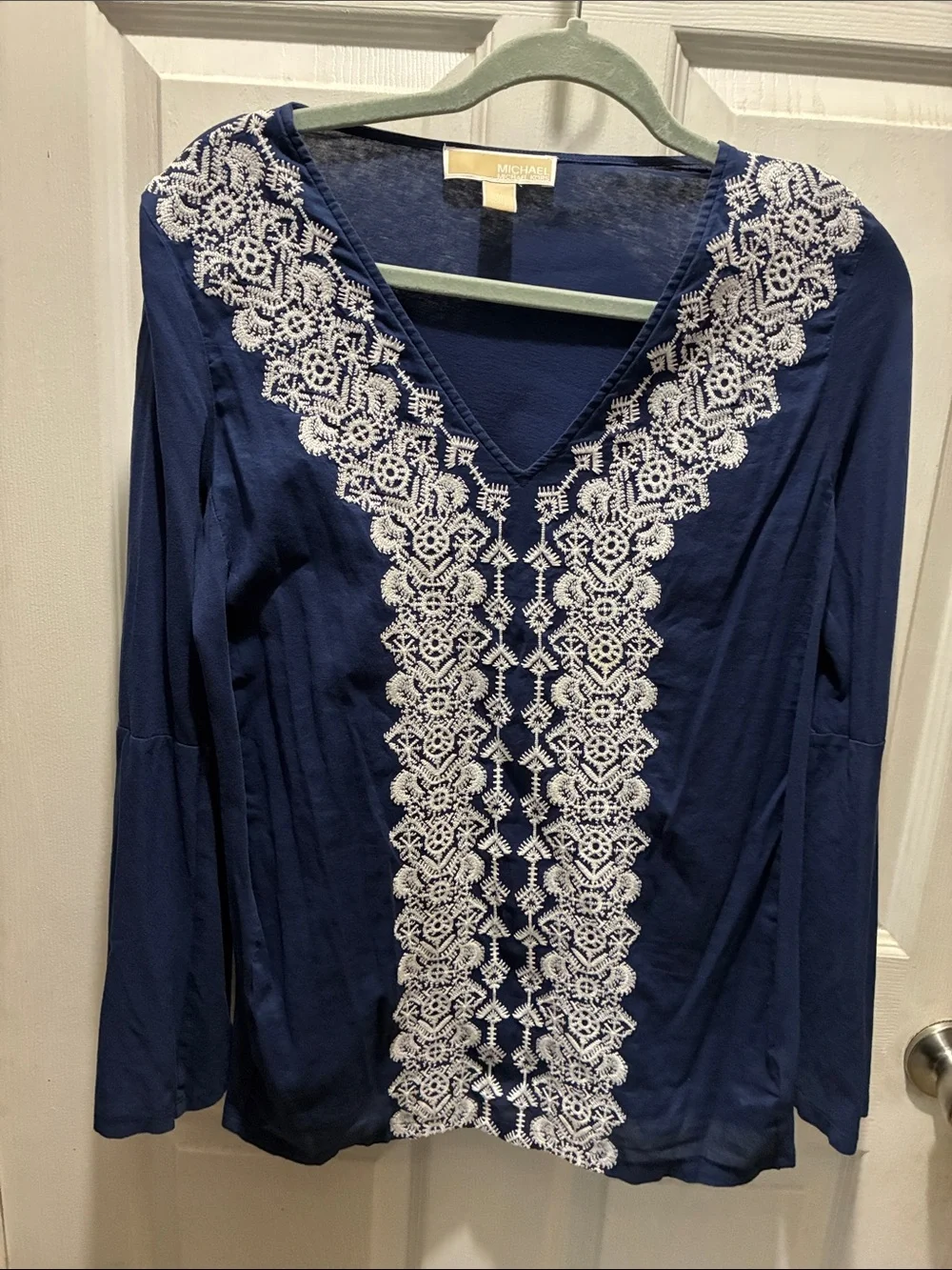 Michael Kors Navy Long Sleeve Top with White Embroidered Trim